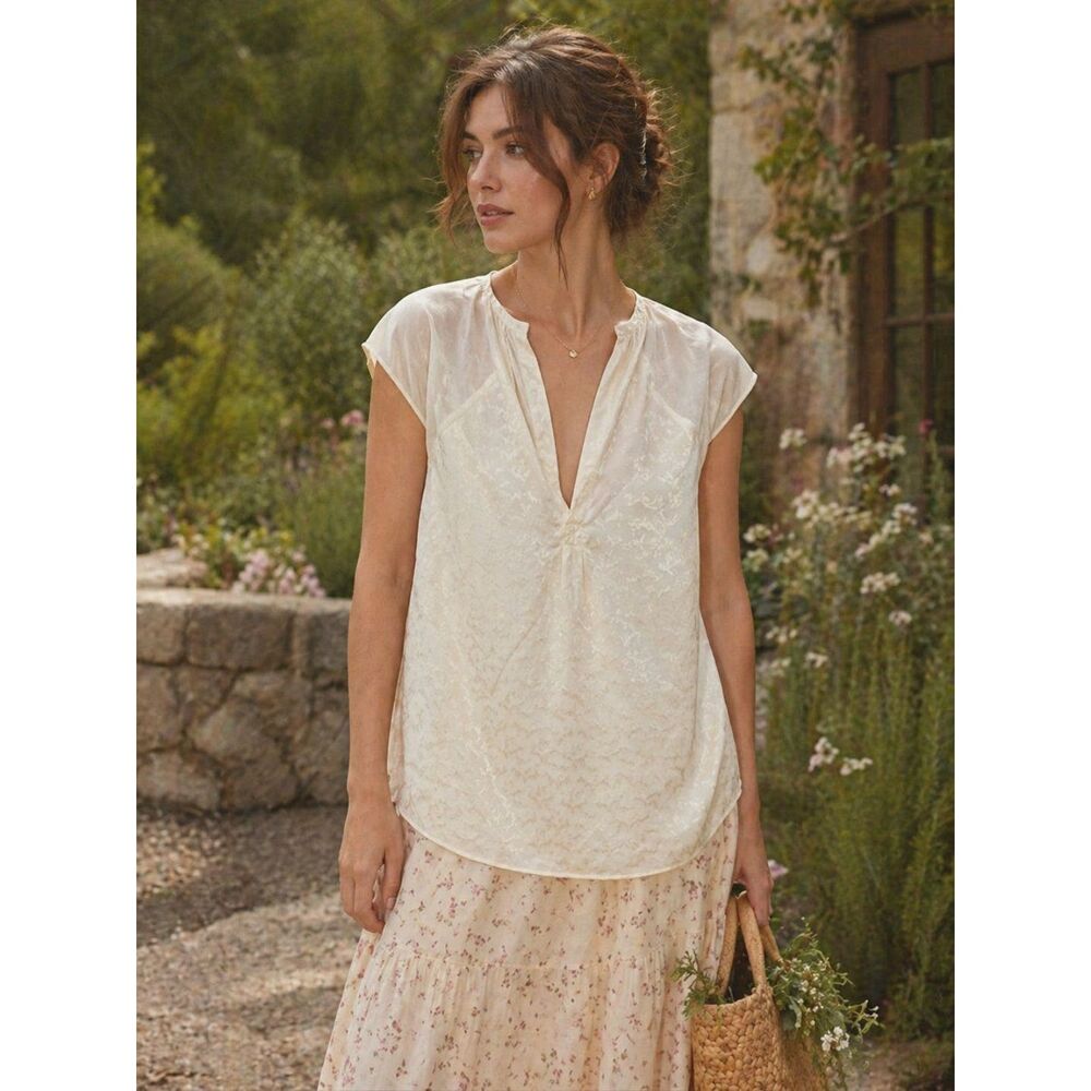 Rebecca Taylor Jaquard Fluter Sleeve Split V Neck Silk Top 0